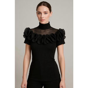 Women's Gracia Black Ruffle Mock Neck Short Sleeve Top Sm Dramatic Romantic Goth